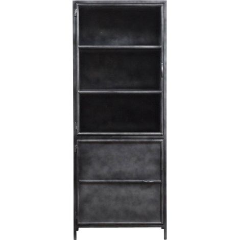 Made In Meubles – Vaisselier en métal gris 190x75cm – 4 étagères – Porte vitrée et métal – Effet patiné – Livré monté (1/5)