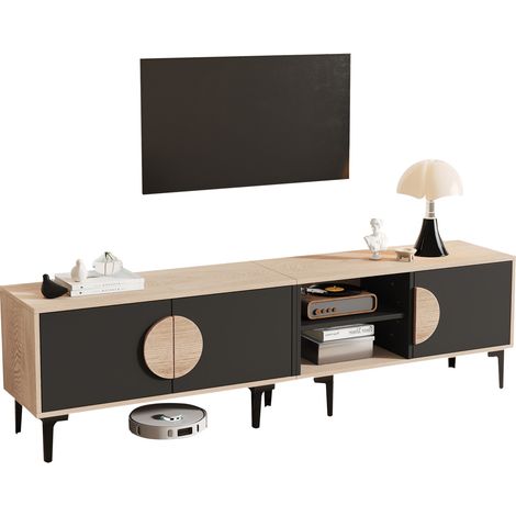 Meuble TV bas 180 cm pour écran jusqu'à 80 pouces, 3 portes, 2 niches ouvertes, finition bois clair et noir, style moderne pour salon - CHICFURN (1/5)
