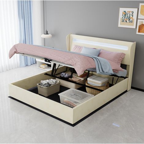 Cama tapizada moderna beige 160x200 cm con cabecero regulable e iluminación LED integrada, estructura metálica (1/5)