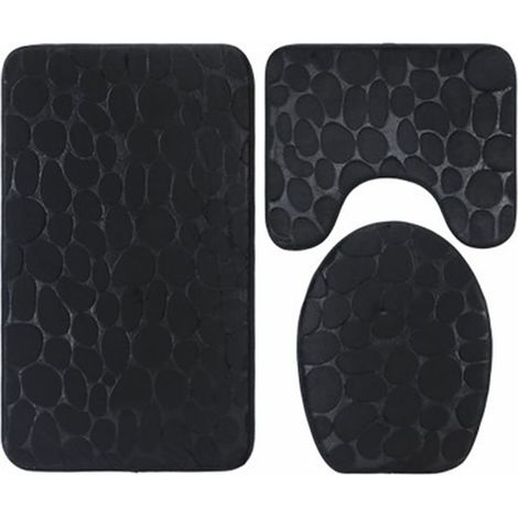 3 pièces salle de bain pavé en relief toilette tapis de bain antidérapant tapis de sol couvercle pour hôtel noir. (1/5)