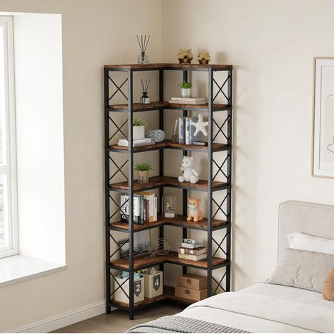 Industrielles Eckregal aus Metall und Holz, 7 Ebenen, Schwarz und Rustikbraun OKMYHOME (1/5)