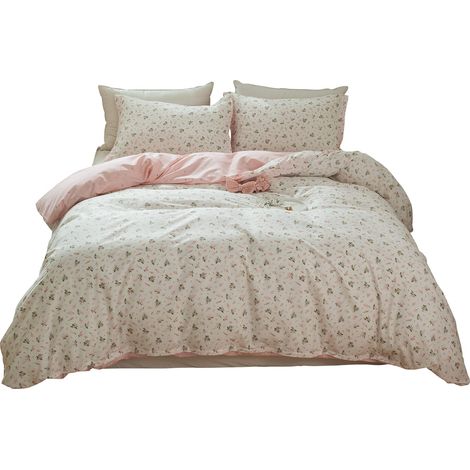 Parure de lit en Coton avec Housse de Couette à Motif Floral Rose et Blanc pour Grand lit, Housse de Couette à Motif Floral Rose et Blanc avec Fermeture éclair pour Grand lit (1/5)