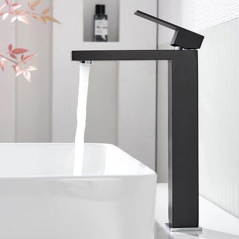 Robinet de lavabo noir Extra haut, mitigeur de salle de bains à levier unique en acier inoxydable pour lavabo surélevé