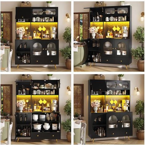 Buffet, rangement généreux avec LED intégrées, haut meuble cuisine salon, portes vitrées et tiroirs, noir (1/5)