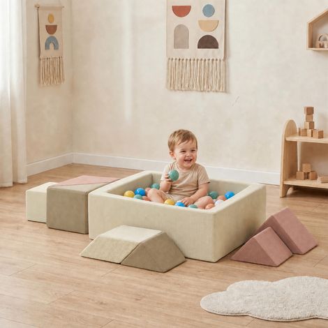 Parcours motricité bébé 9PCS avec piscine à balles, module en mousse souple avec housse en velours côtelé, multicolore (1/5)