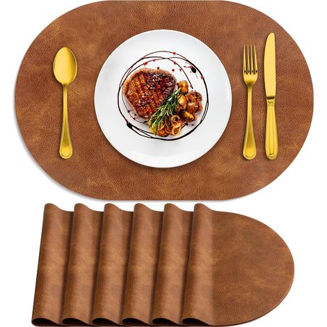 Lot de 6 sets de table ovales résistants à la chaleur, lavables, 30,5 x 43,2 cm, imperméables et faciles à nettoyer pour cuisine, salle à manger, marron curcuma'Marron Curcuma 6Pcs, 12" x 17"'Marron C (1/5)