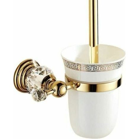 Porte-brosse WC en métal avec verre poli et ensemble de toilette Accessoires de toilette design doré Support mural et finition dorée Style européen pour salle de bain (1/5)