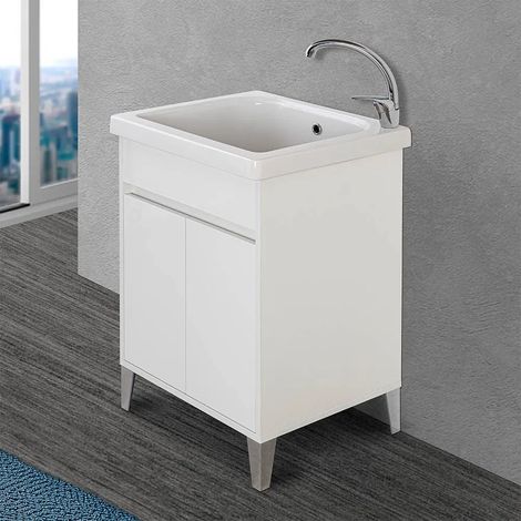 Mobile lavatoio 60x50 cm linea Way bianco lucido con vasca e strofinatoio (1/5)