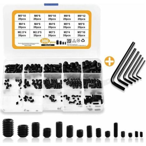 M2.5 M3 M4 M5 M6 M8 Vis Sans Tête Hexagonale,Set assortiment Kit de Acier au carbone Douille Hexagonale Vis-pointeau vis avec entraînement hexagonal interne,(300Pcs,le noir) (1/5)