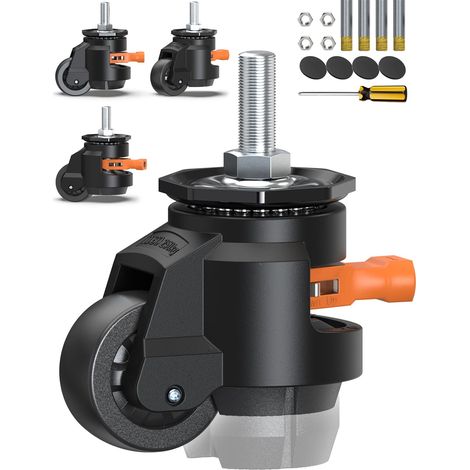 Lot de 4 roulette charge lourde à tige de nivellement, taille de vis M12 et 1/2", roulettes pivotantes rétractables, roulettes réglables pour meubles, établi, machine, capacité totale 1000 kg Noir (1/5)