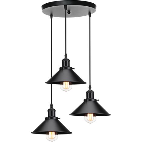 Wottes – Lustre suspension vintage industriel 3 luminaires – Abat-jour chapeau en métal noir – Culot E27 – Pour chambres et cafés (1/5)