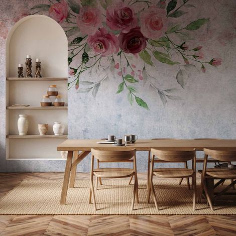 Papier peint photo - Floraison estivale - un motif végétal avec des fleurs et des feuilles dans les tons roses (1/5)