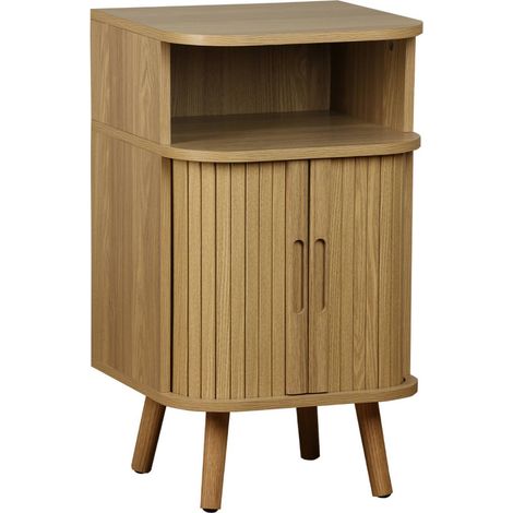 Table de chevet 2 portes coulissantes + 1 niche effet bois rainuré. L 40 x P 40 x H 70cm (1/5)