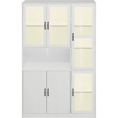 CAIziBuffet vitré blanc, bibliothèque avec portes, étagères sur pied pour livres, grand meuble de cuisine, garde-manger, bibliothèque de luxe avec lumière LED, vitrine avec étagères pour salon et cham