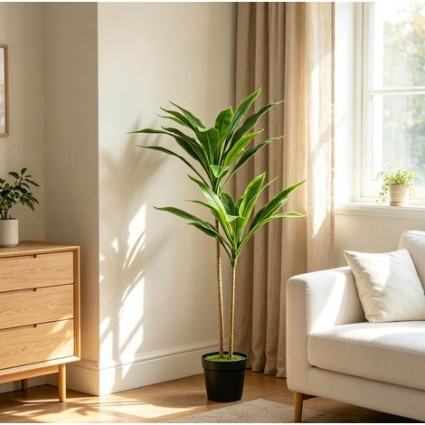 Árbol artificial Cordyline (13x13x90 cm), 29 hojas, maceta con cemento, plástico verde (1/5)