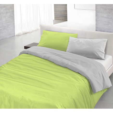 Italian Bed Linen Parure Copri Piumino Natural Color, Verde Acido/Grigio Chiaro, Una Piazza e Mezza (1/5)