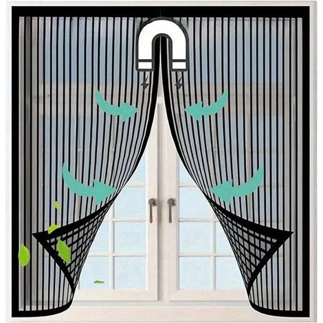 Moustiquaire fenêtre magnétique 100x120cm noire, rideau moustiquaire respirant, fixation adhésive, anti-moustiques (1/5)