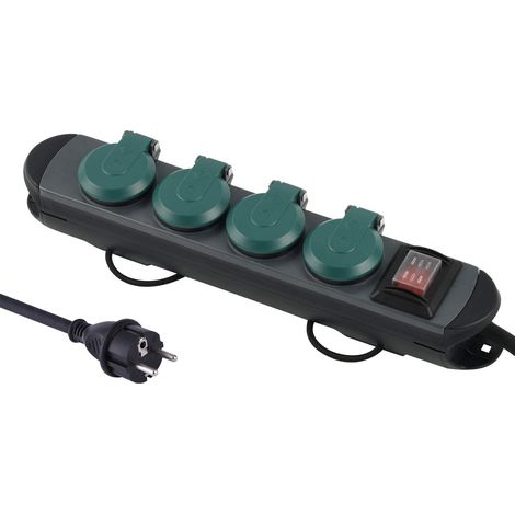 Multipresa Professionale da Lavoro per Outdoor, 4 prese Schuko con tappo IP44, Cavo in gomma 1,8 metri H07RN-F 3G1,5, Nero/Verde (1/5)
