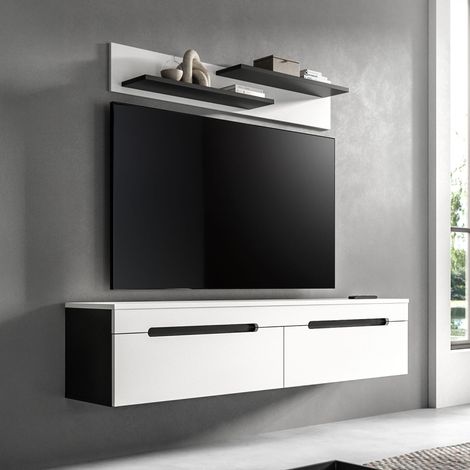 Meuble TV suspendu 170x38x33cm décor blanc et anthracite - KANUT (1/5)
