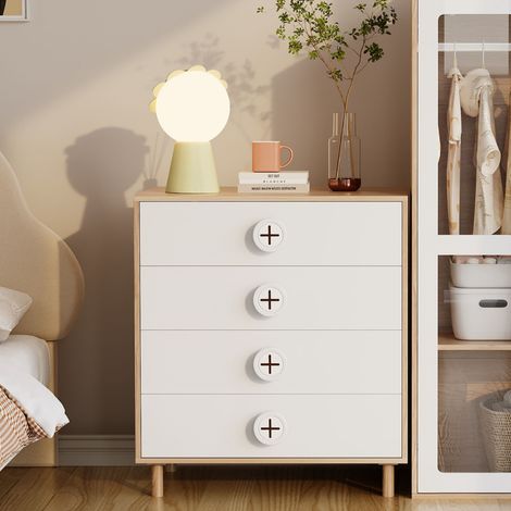 Comò per camera con 4 cassetti, mobile di stoccaggio per bambini, comodino, maniglie a forma di biscotto, 80 x 54 x 90 cm - Colore legno e bianco