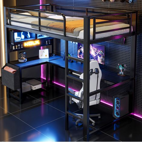 Lit mezzanine enfant 90x200 cm en métal noir, gain de place pour chambre, sans matelas FloraGrace (1/5)