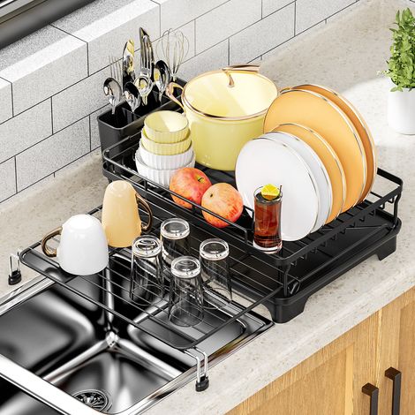 Égouttoir à Vaisselle Extensible en Métal Noir, avec Plateau Coulissant, Bac de Vidange et Panier à Couverts, pour Évier et Comptoir de Cuisine (1/4)