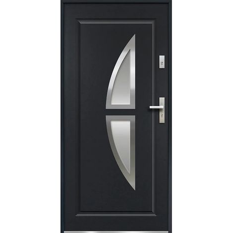 Porte d'entrée en acier vitrée avec inox H207 x L100 cm anthracite - épaisseur 55 mm - poussant gauche - COVAS