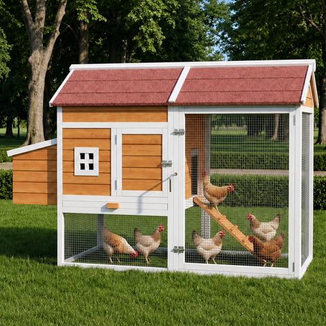Poulailler extérieur en bois de sapin, robuste pour l'hiver, capacité 6-7 poules. Livré avec pondoirs, tiroir galvanisé amovible, 2 perchoirs, enclos. Dimensions 185x91x115 cm, teinte naturelle. (1/5)
