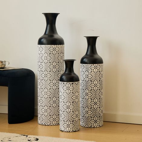 Vase de sol grand ensemble de 3 (50/66/83 cm) grands vases décoratifs métal motifs géométriques,décoration salon couloir bureau moderne.