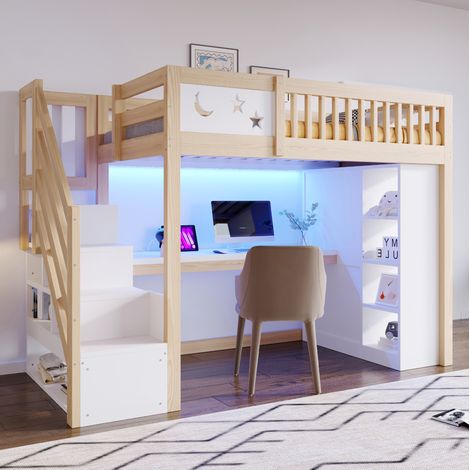 Lit superposé enfant 90x200 cm blanc avec étagères, sans matelas - CHICFURN (1/5)