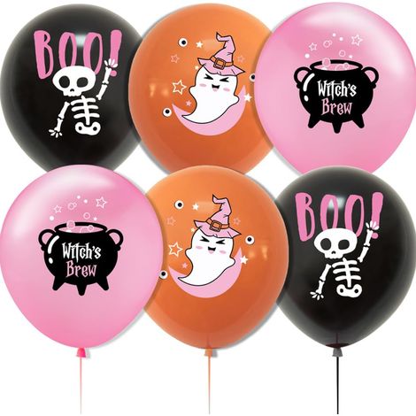 Lot de 24 ballons en latex de 30 cm (12 pouces) sur le thème d'Halloween, avec des motifs adorables et effrayants, pour un premier anniversaire ou une baby shower. Style fille. Couleurs : orange, noir (1/5)