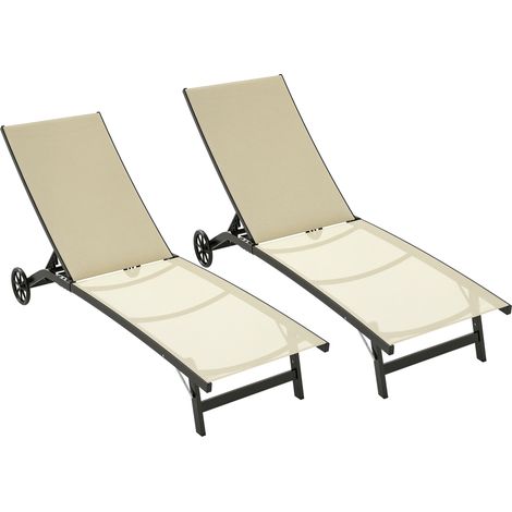 Set di 2 lettini prendisole in alluminio e textilene con ruote, schienale reclinabile, portata massima 150 kg, colore kaki.