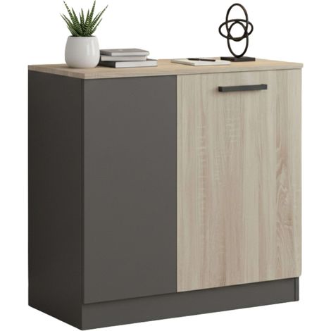 Armoire de bureau basse, armoire 2 portes, armoire de bureau multifonctionnelle Nibis Chêne Sonoma et Gris Anthracite 80x78x40 cm (1/5)