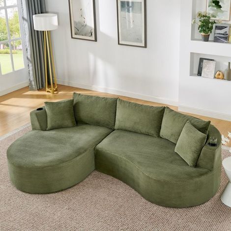 Canapé chaise longue à gauche design arrondi tissu côtelé doux porte-gobelet coussins inclus conditionnement sous vide vert (1/5)