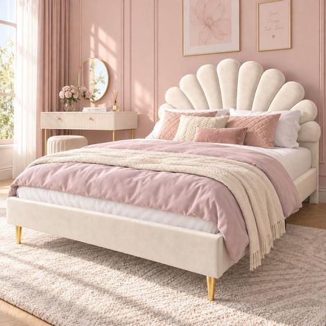 Letto per ragazzi matrimoniale 140x200 cm stile principessa, Testiera a forma di conchiglia e petali con rete a doghe e telaio in metallo, in velluto, Beige (1/5)