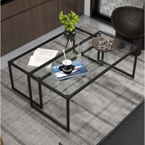 Mesa de centro 2 piezas de cristal y acero negro para salón y dormitorio (1/5)