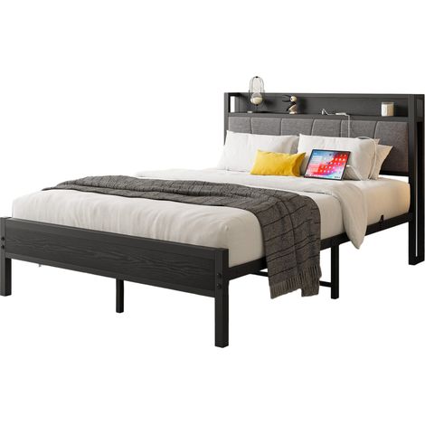 Bett Metall/MDF Schwarz 140x200 cm mit Stauraum und Kopfteil
