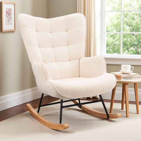 Chaise à bascule, fauteuil, chaise de loisirs avec coussin en bois, convient pour salon, chambre, balcon, moderne, cadre en acier, chaise pivotante, beige(Expédition depuis la France) (1/5)