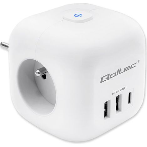 Cubo multipresa 6 in 1 Qoltec con interruttore illuminato 3 prese CA 2 porte USB 1 porta USB-C PD 20W Bianco (1/5)