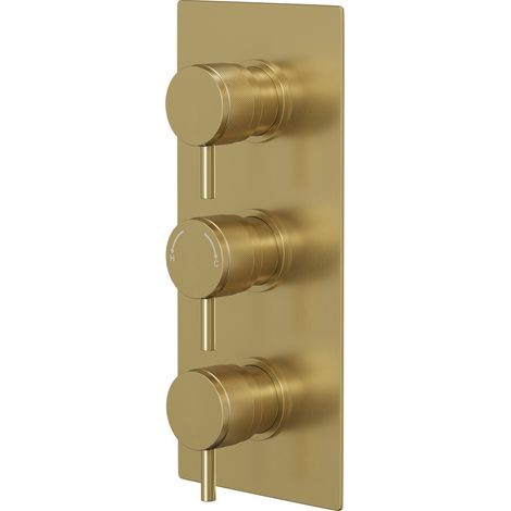Colore Round Brushed Brass Concealed Triple Thermostatic Shower Valve with Half Knurled Control Handles - 2 Outlet (1/5)