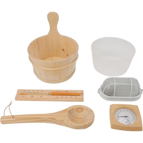 Kit sauna 4L comprenant un seau en bois, une cuillère de bain, une lampe hygrothermographe antidéflagrante, un sablier et une doublure.