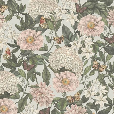 Carta da parati floreale Profhome 394264 Carta da parati TNT goffrata a caldo leggermente strutturata con ornamenti floreali opaca grigio bianco grigio-scuro viola-bordeaux 5,33 m2