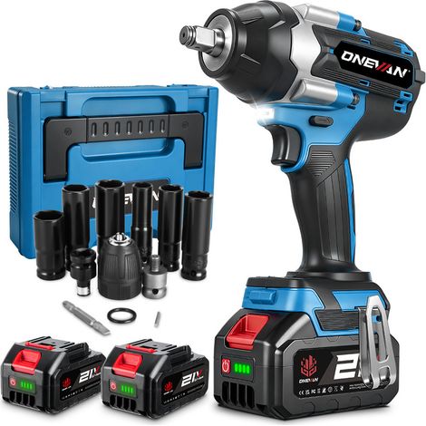 ONEVAN Clé à Chocs Sans Fil Brushless 1000 Nm ,1/2 ",3 vitesses ,Boulonneuse a Choc 21V avec Deux 3.0Ah Batterie et 12 accessoires
