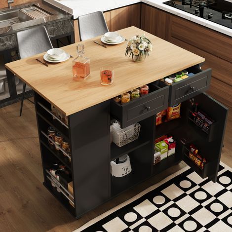 Îlot de cuisine noir avec séparateurs, en bois, avec porte, pour cuisine et salle à manger, porte-snacks et porte-verres à vin intégrés