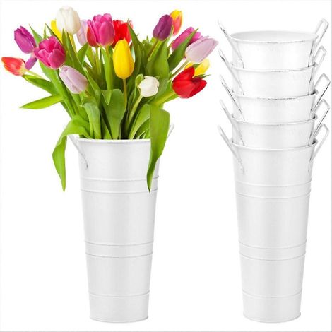 Seaux à fleurs blancs, lot de 6 vases en métal galvanisé de 25 cm de haut avec revêtement imperméable, style français (1/5)