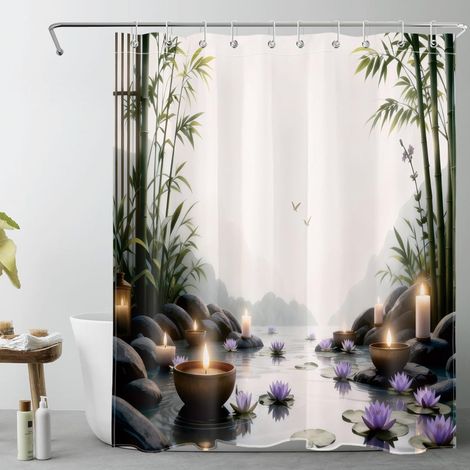 Spa Zen Rideaux de Douche 150x180cm Fleur Violette de forêt de Bambou Vert Rideaux de Bain avec Crochets,Paysage montagneux Court Imperméable Polyester Anti Moule Salle de Bain Décor (1/5)