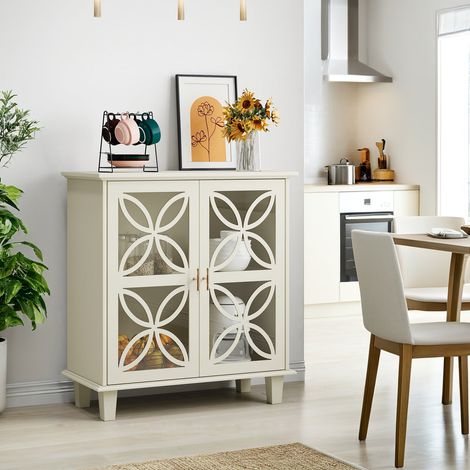 Buffet avec étagères réglables, meuble de salle de bain avec portes en verre trempé, style rétro moderne, crème (1/5)