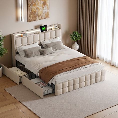 Cama Doble Lit 160x200 cm con 4 Cajones, LED RGB y USB, Cabecera Tapizada en Lino Beige, Diseño Moderno (1/5)