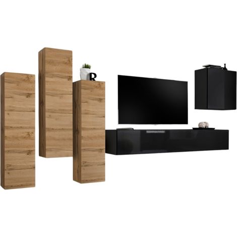 Conjunto de muebles de sala de diseño colección SWITCH III. Color roble wotan y negro brillante.
