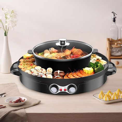 2 en 1 Appareil Fondue Chinoise, 2200W 220V Rond Barbecue Coréen de Table avec Revêtement Antiadhésif, Nettoyage Rapide, pour 2 à 8 personnes Barbecue Coréen Fondue, Noir